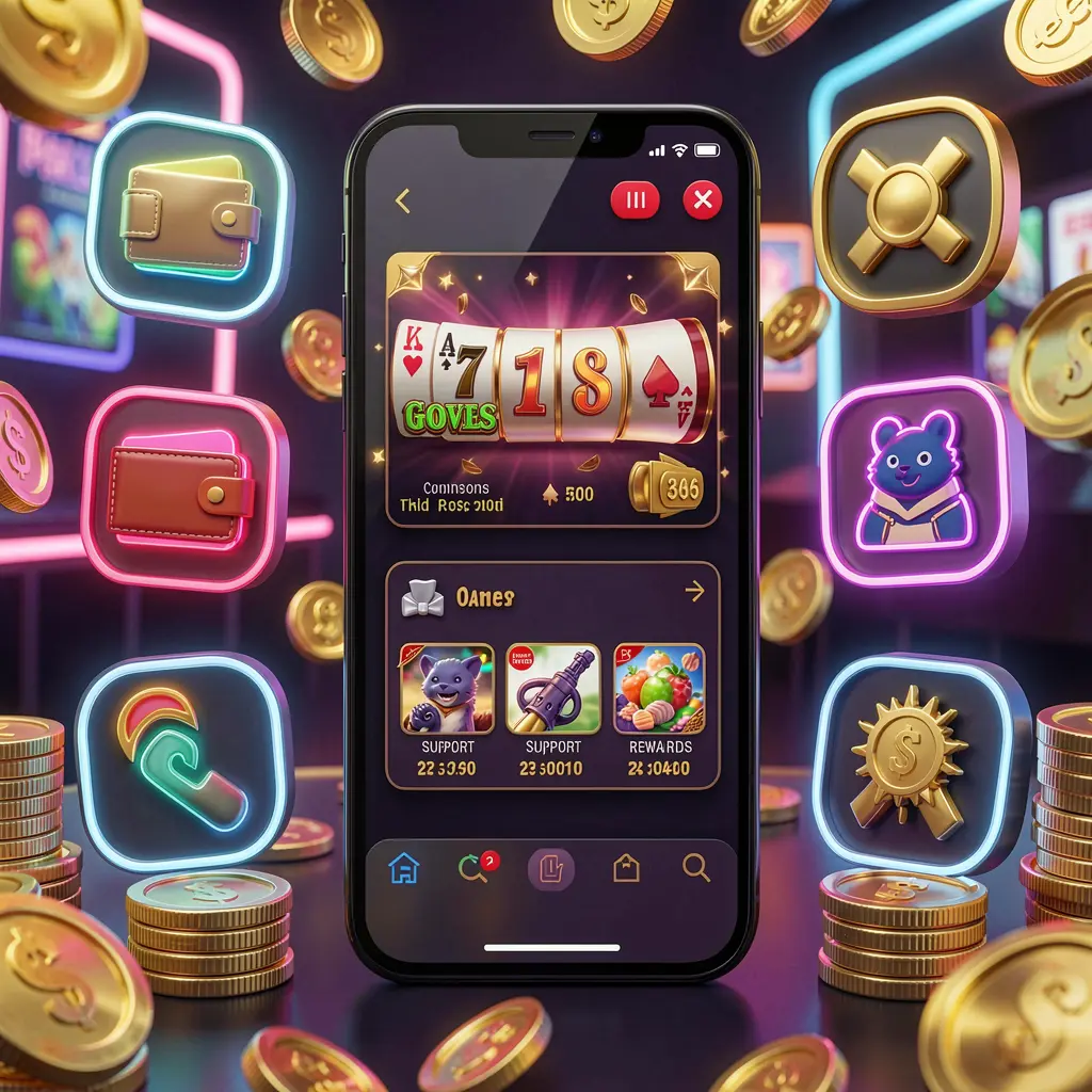 520BD1 online casino app features visual showing a smartphone surrounded by icons for wallet, games, support, and rewards with golden coins and neon lights in a luxury 3D render