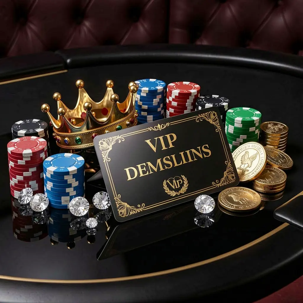 Elegant VIP casino bonus setup featuring a golden crown, luxury membership card, poker chips, diamonds, and coins on a glossy black table showcasing the 520BD1 brand