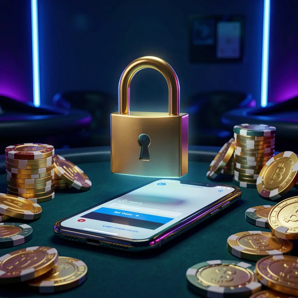 520BD1 casino login security image with a glowing padlock floating above a smartphone, golden coins and chips scattered around on a dark blue neon background