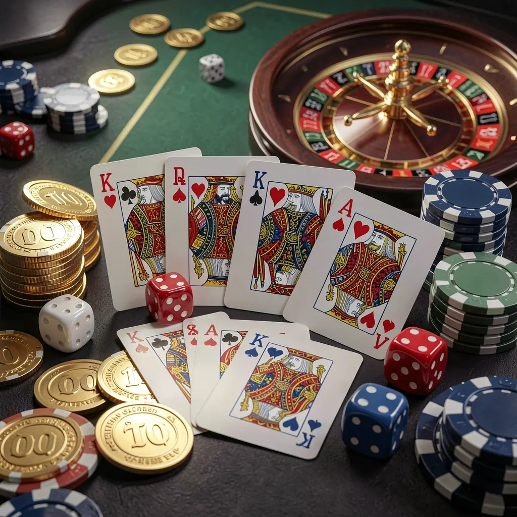 Elegant online casino homepage featuring royal flush cards, dice, golden coins, and poker chips on a dark table with a glowing roulette wheel in the background, showcasing 520BD1's responsible gaming environment in a cinematic 3D render.